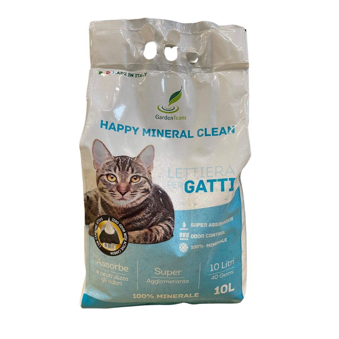 Lettiera per gatti Happy Mineral Clean, agglomerante minerale super assorbente con controllo odori e carboni attivi.