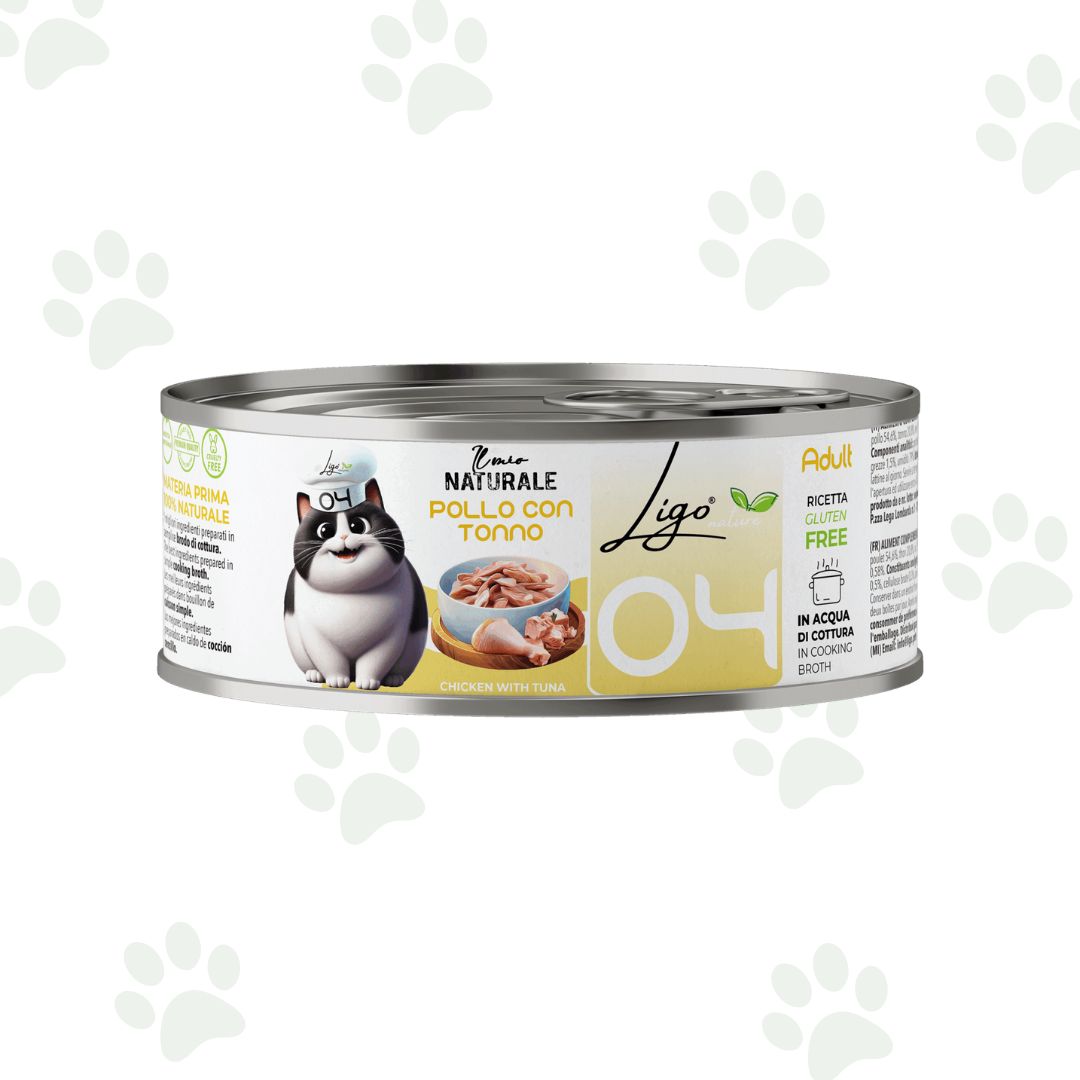 Lattina da 85 g di cibo umido per gatti in brodo con pollo e tonno.