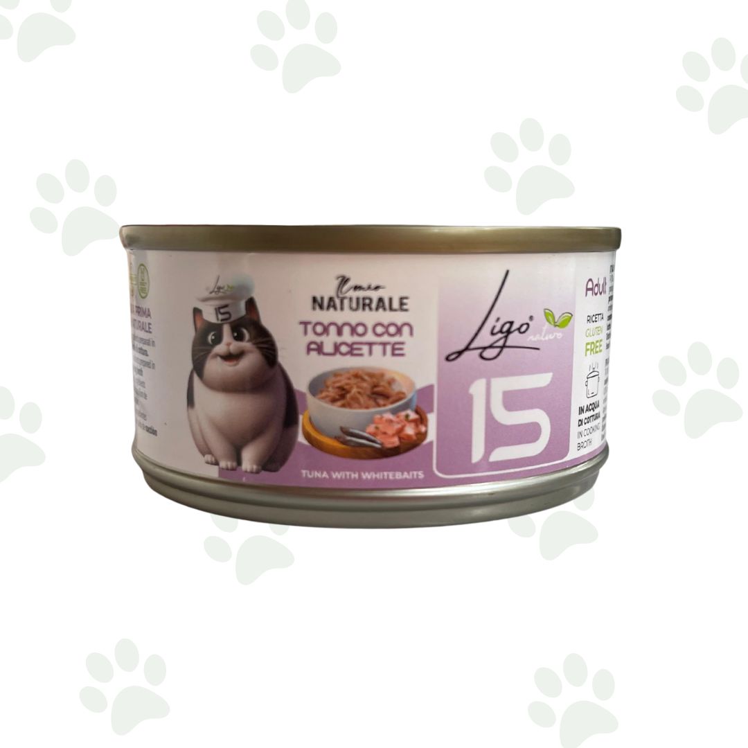 Lattina da 85 g di cibo umido per gatti in brodo con tonno e alicette.