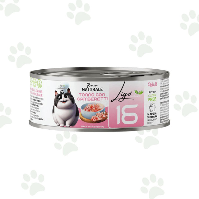 Lattina da 85 g di cibo umido per gatti in brodo con tonno e gamberetti.