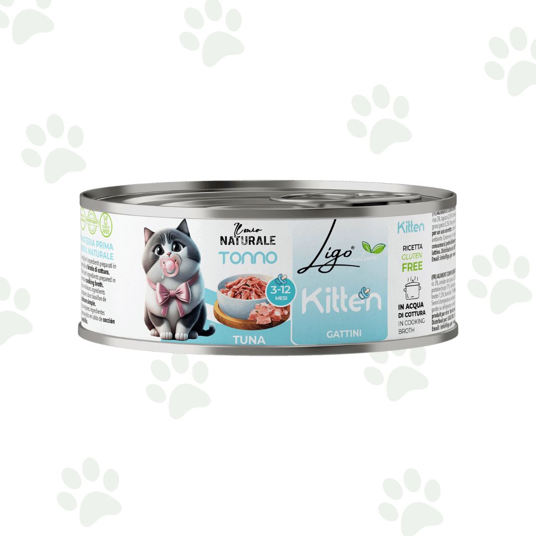 Lattina di cibo umido per gattini 3-12 mesi con tonno in brodo di cottura.