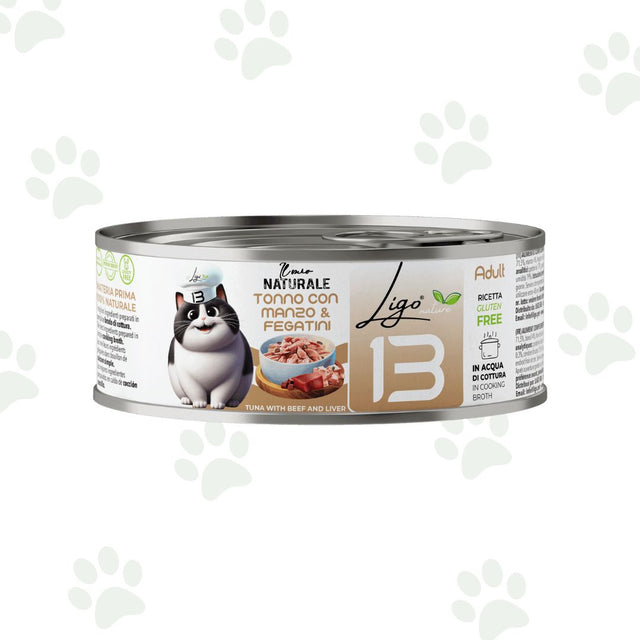 Lattina da 85 g di cibo umido per gatti in brodo con tonno, manzo e fegatini.