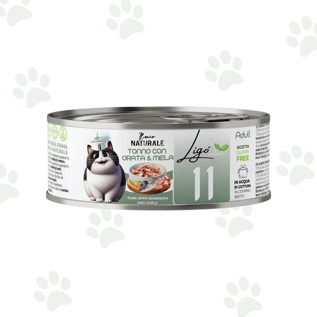Lattina da 85 g di cibo umido per gatti in brodo con tonno, orata e mela.