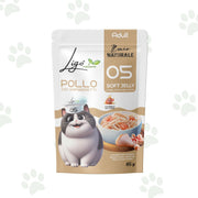 Bustina da 85 g di cibo umido per gatti con filetti di pollo e gamberetti in gelatina.