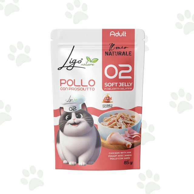 Bustina da 85 g di cibo umido per gatti con pollo e prosciutto in gelatina.