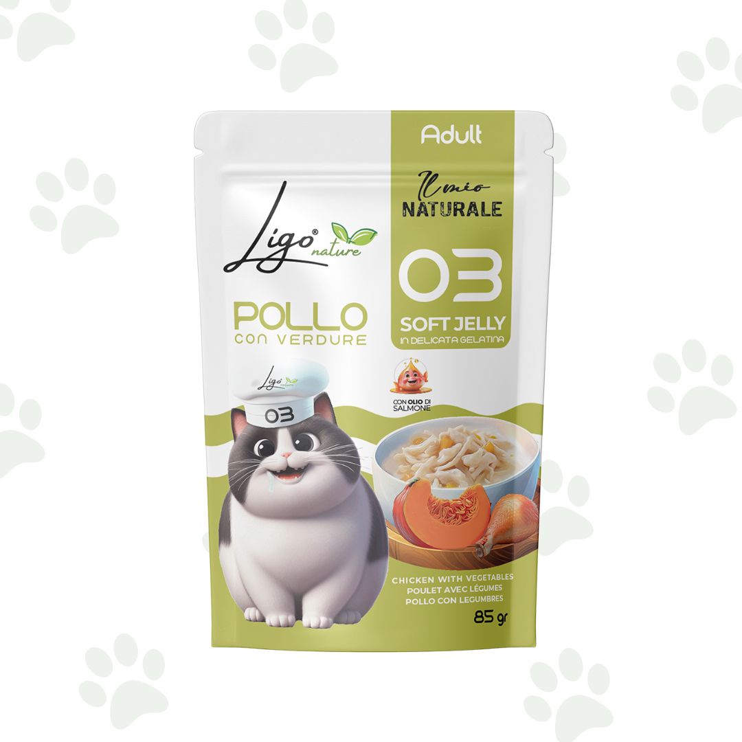 Bustina da 85 g di cibo umido per gatti con pollo e verdure in gelatina.