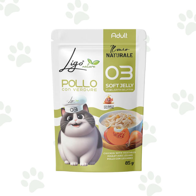 Bustina da 85 g di cibo umido per gatti con pollo e verdure in gelatina.