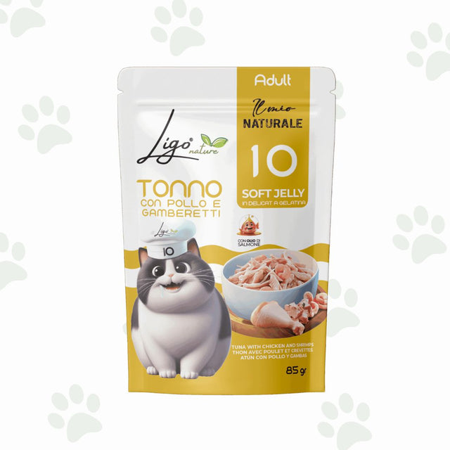 Bustina da 85 g di cibo umido per gatti con tonno, pollo e gamberetti in gelatina.