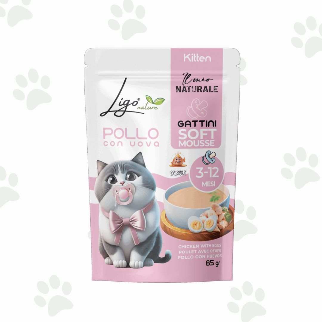 Bustina da 85 g di mousse per gattini 3-12 mesi con pollo e uova.