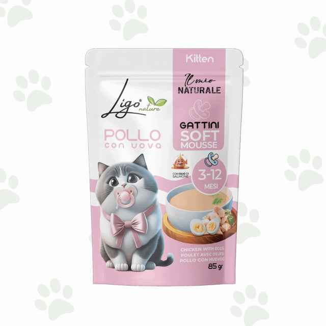 Bustina da 85 g di mousse per gattini 3-12 mesi con pollo e uova.