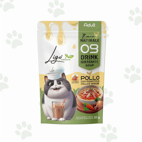 Bustina di alimento liquido per gatti con pollo, fegatini di pollo e verdure.