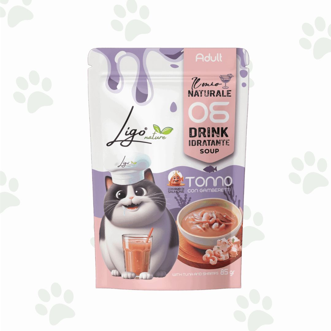 Bustina di alimento liquido per gatti con tonno e gamberetti.