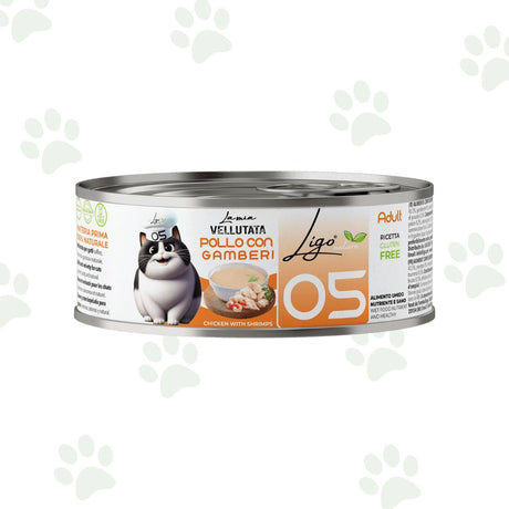 Vellutata di pollo con gamberi in lattina da 85 g per gatti.