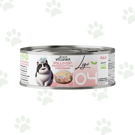 Vellutata di pollo con prosciutto e formaggio in lattina da 85 g per gatti.