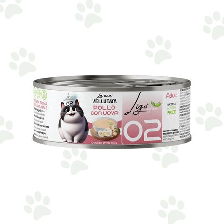 Vellutata di pollo con uova in lattina da 85 g per gatti.