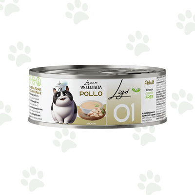 Vellutata di pollo in lattina da 85 g per gatti.
