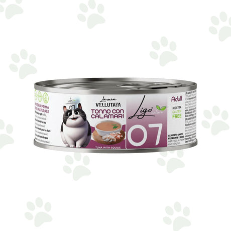 Vellutata di tonno con calamari in lattina da 85 g per gatti.