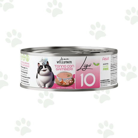 Vellutata di tonno con gamberi in lattina da 85 g per gatti.
