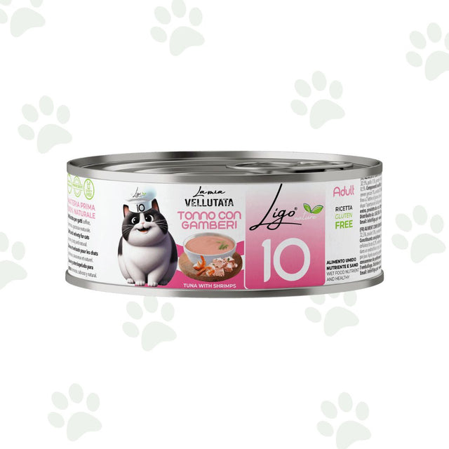 Vellutata di tonno con gamberi in lattina da 85 g per gatti.