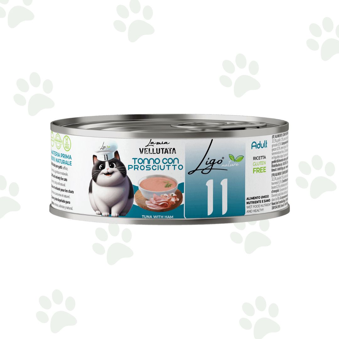 Vellutata di tonno con prosciutto in lattina da 85 g per gatti.
