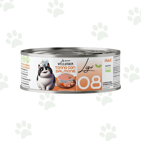 Vellutata di tonno con salmone in lattina da 85 g per gatti.