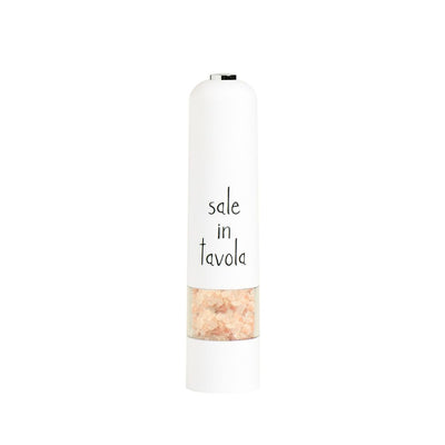 Macinasale elettrico bianco con scitta nera "sale in tavola".