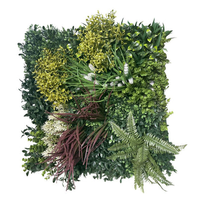 Mattonella con foglie artificiali mix verde con fiori bianchi.