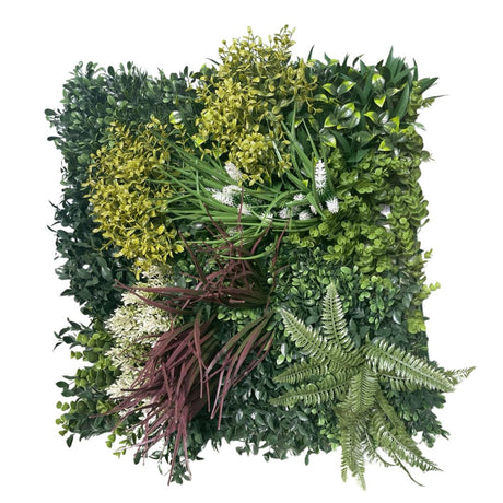 Mattonella con foglie artificiali mix verde con fiori bianchi.