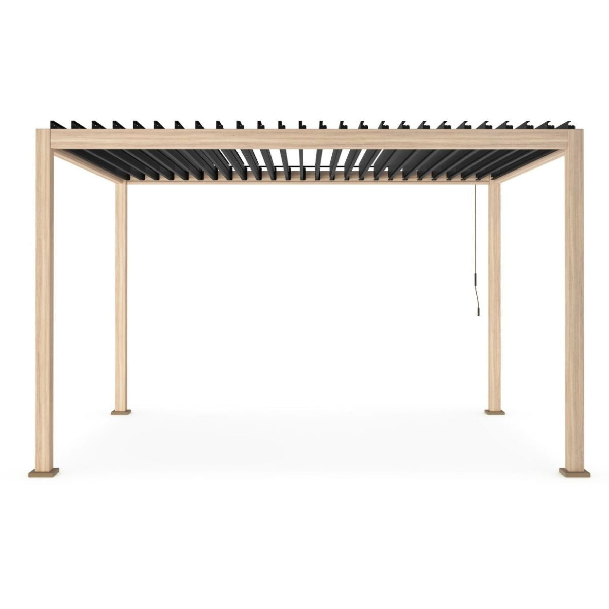 Pergola moderna in legno chiaro con lamelle orientabili nere per giardino o terrazzo
