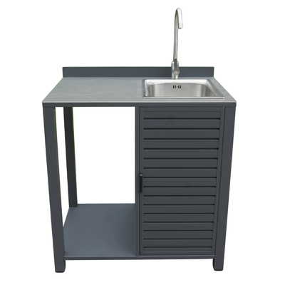 Modulo cucina da esterno in alluminio antracite con lavello integrato.