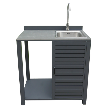 Modulo cucina da esterno in alluminio antracite con lavello integrato.