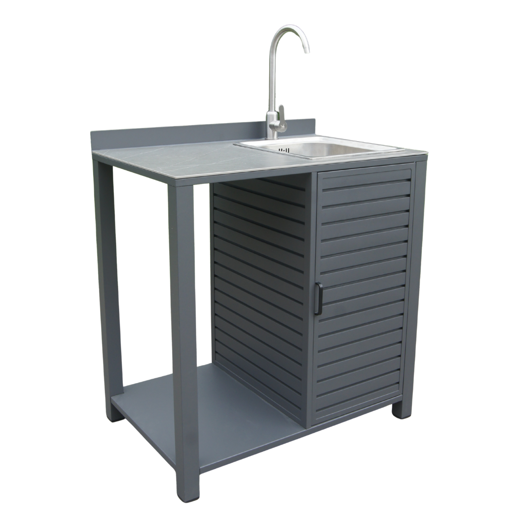Modulo cucina da esterno in alluminio antracite con lavello integrato.