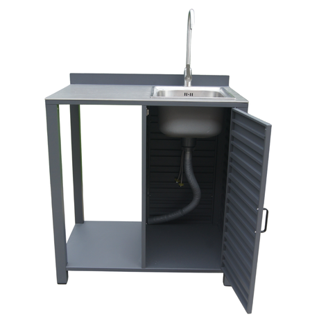 Modulo cucina da esterno in alluminio antracite con lavello integrato e sportello sotto il lavello.