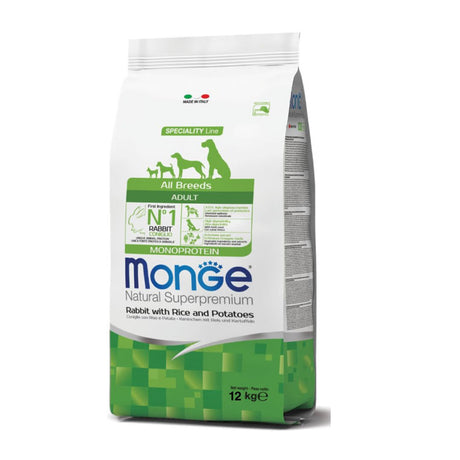 Sacco di crocchette Monge All Breeds Adult al coniglio con riso e patate, 12kg, monoprotein per cani adulti di tutte razze