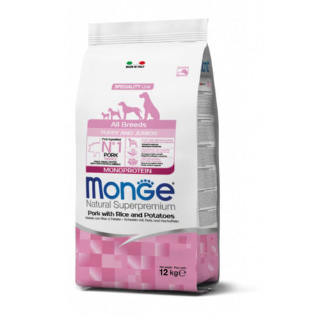 Sacco di crocchette Monge All Breeds Puppy & Junior al maiale con riso e patate, 12kg, monoprotein per cuccioli