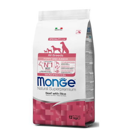 Sacco di crocchette Monge All Breeds Puppy & Junior al manzo con riso, 12kg, monoprotein per cuccioli di tutte le razze