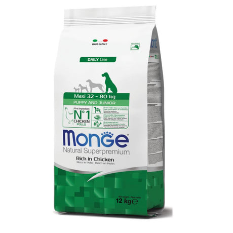 Sacco Monge Natural Superpremium Puppy Junior Maxi da 12 kg ricco in pollo per cuccioli di taglia grande 32–80 kg