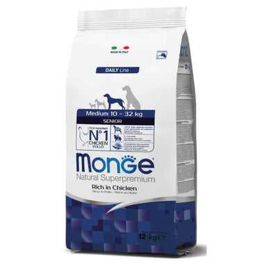 acco di crocchette Monge Daily Line Medium Senior al pollo, 12kg, per cani anziani di taglia media 10-32kg, ricco di pollo