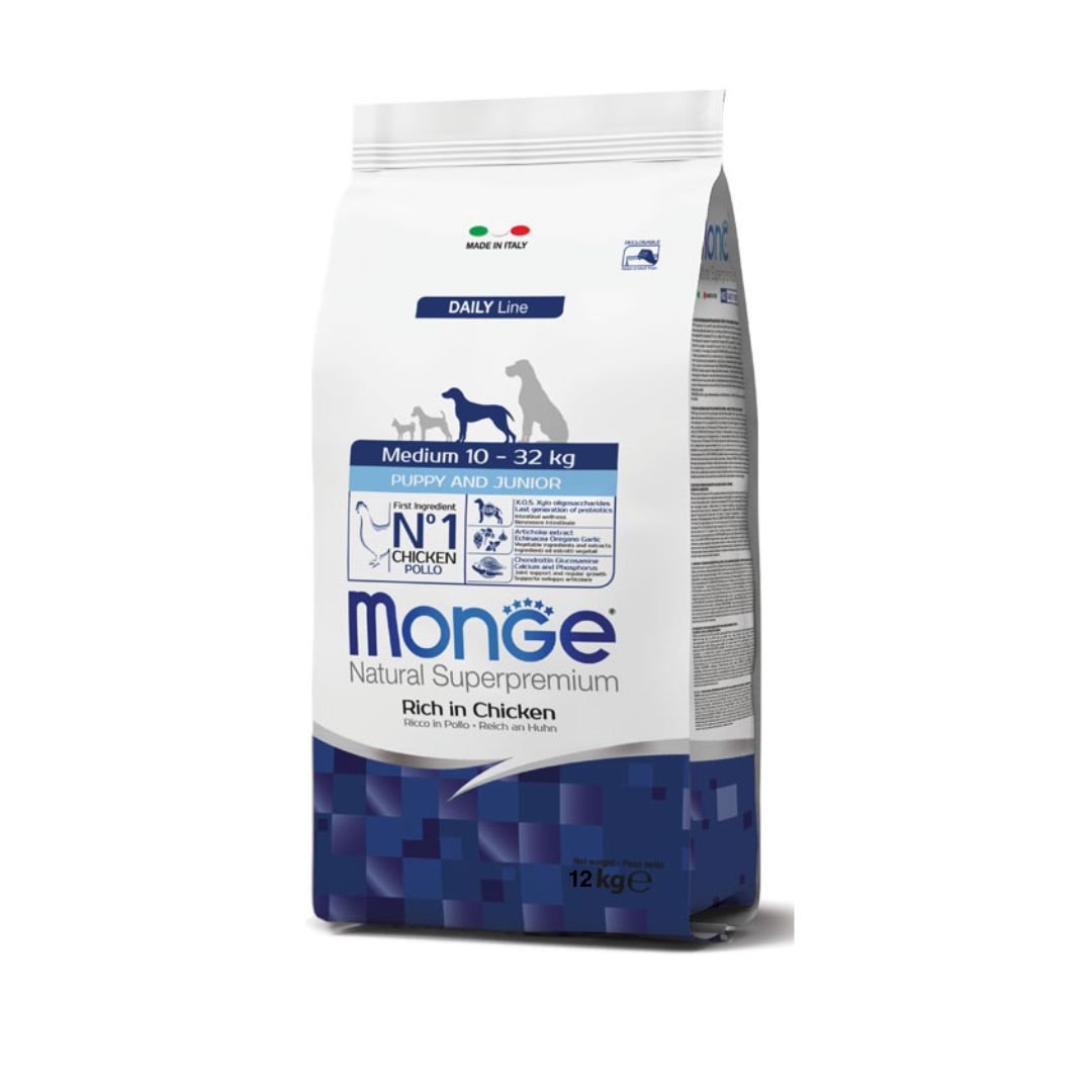 Confezione di crocchette Monge Daily Line per cani di taglia media da 10-32 kg, cuccioli e junior, ricco di pollo, formato da 12 kg