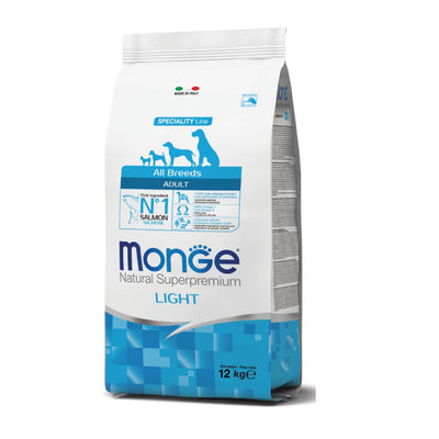 Sacco di crocchette Monge All Breeds Adult Light al salmone, 12kg, formula leggera per cani adulti di tutte le razze