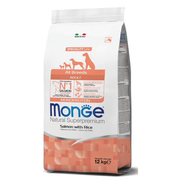 Sacco di crocchette Monge All Breeds Adult al salmone con riso, 12kg, monoprotein per cani adulti di tutte le razze