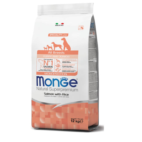 Sacco di crocchette Monge All Breeds Puppy & Junior al salmone con riso, 12kg, monoprotein per cuccioli di tutte le razze