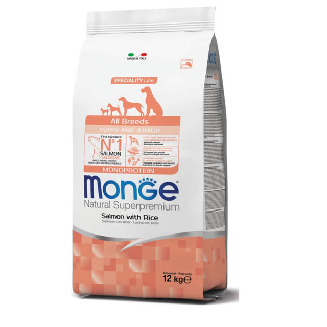 Sacco di crocchette Monge All Breeds Puppy & Junior al salmone con riso, 12kg, monoprotein per cuccioli di tutte le razze