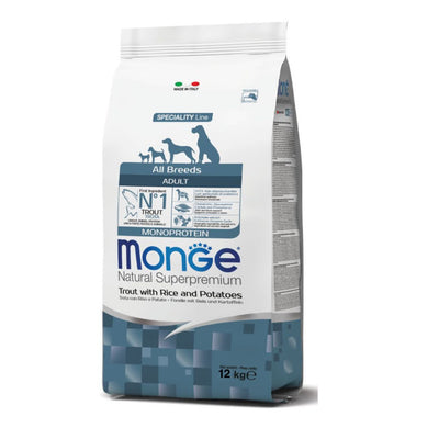 Sacco di crocchette Monge All Breeds Adult alla trota con riso e patate, 12kg, monoprotein per cani adulti di tutte razze
