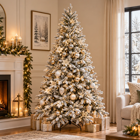 Albero di Natale innevato Montana ambientato in una scena natalizia