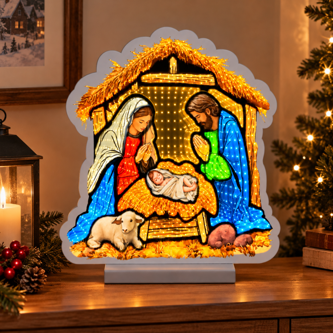 Natività luminosa con Maria, Giuseppe e Gesù Bambino, ambientata su un mobile tra decorazioni natalizie e luci calde