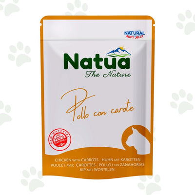 Bustina di cibo umido per gatti Natua con pollo e carote.