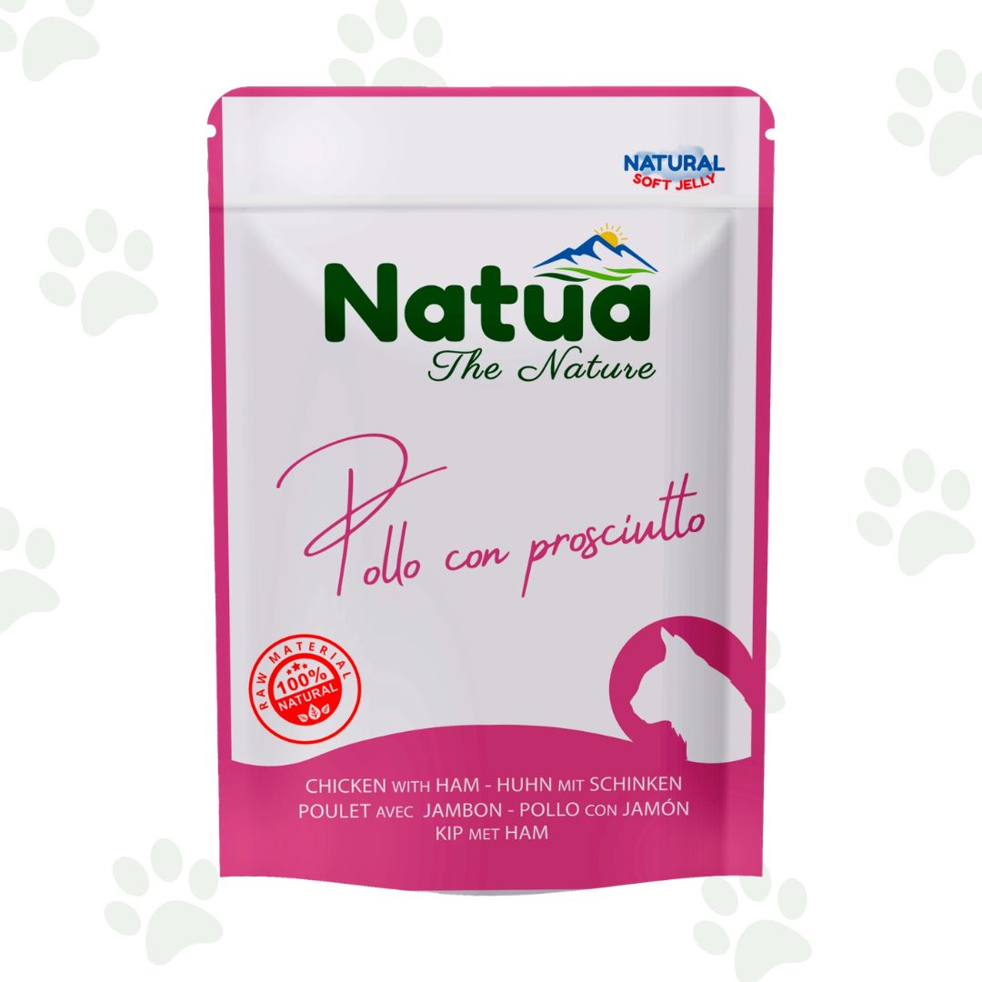 Bustina di cibo umido per gatti Natua con pollo e prosciutto.