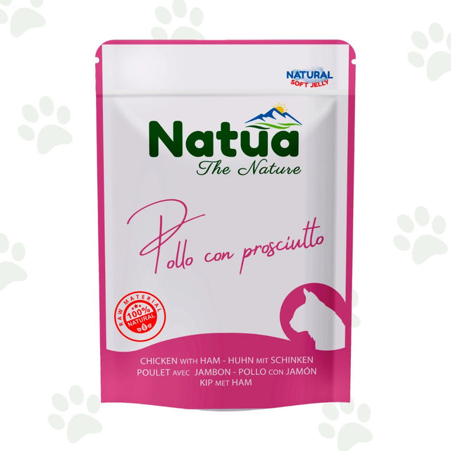 Bustina di cibo umido per gatti Natua con pollo e prosciutto.