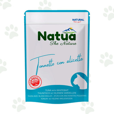 Bustina di cibo umido per gatti Natua con tonnetto e alicette.